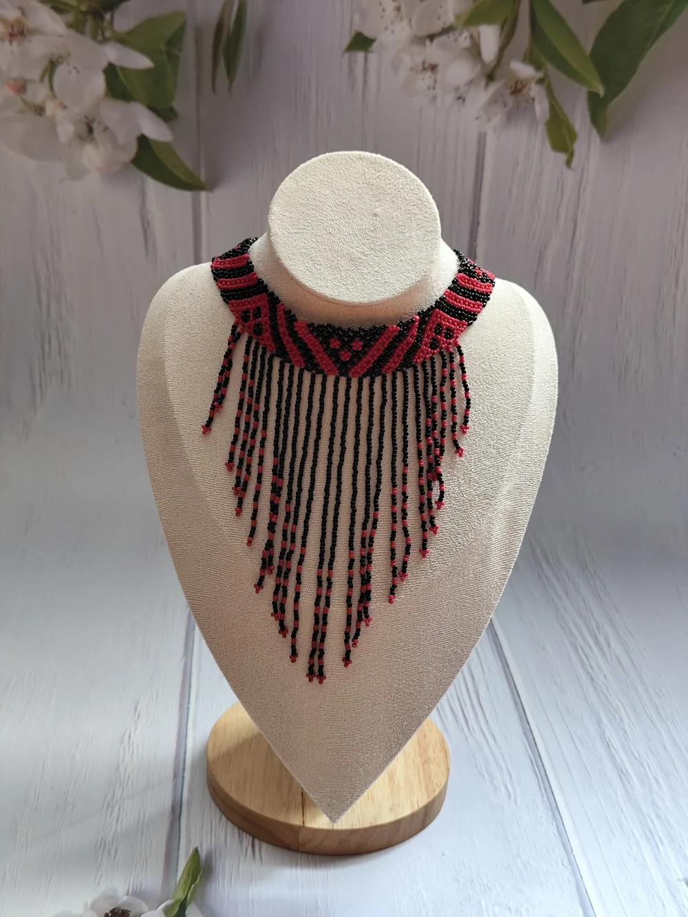 Red and Black Beaded Fringe Statement Necklace